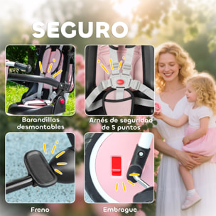 Triciclo Evolutivo 6 en 1 Plegable, Bicicleta para Niños de 1-5 Años, Asiento Giratorio de 360°, Respaldo Reclinable, con Toldo, Pedales, Barra de Empuje, Portavasos, Cesta, Reposapiés, Rosa