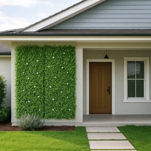 Well home jardín vertical artificial, panel de seto 100x100cm, para decoración interior y exterior - con hojas verdes y flores blancas