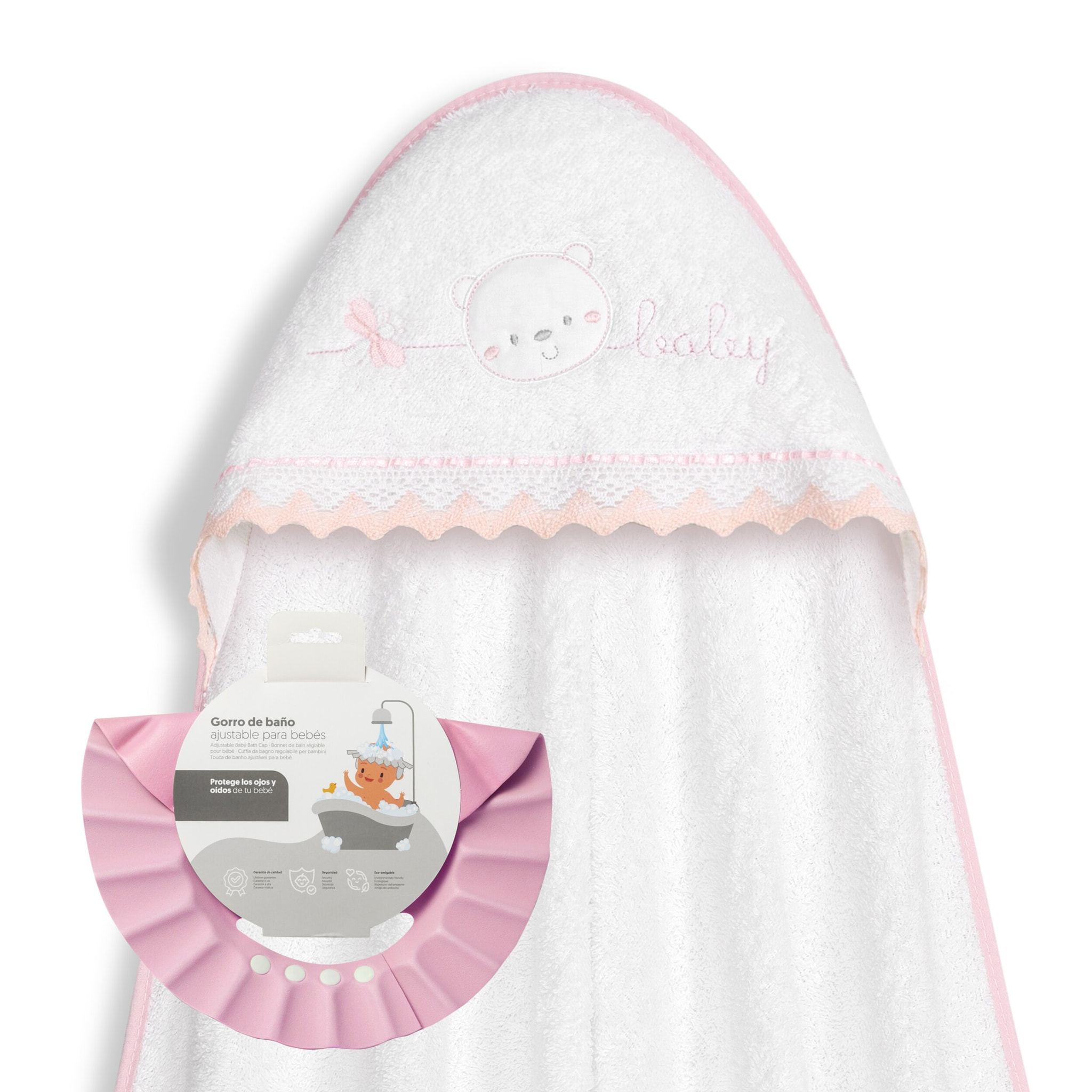 Capa Baño 1X1 Mod Carita Oso Baby Guipur+ Gorro Bco/Rosa