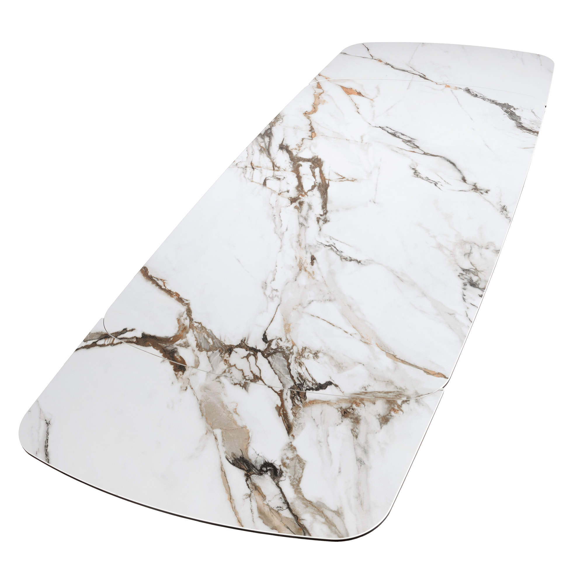 Mesa comedor extensible rectangular con tapa de mármol porcelánico en blanco con vetas marrones en acabado mate 180x100x78cm