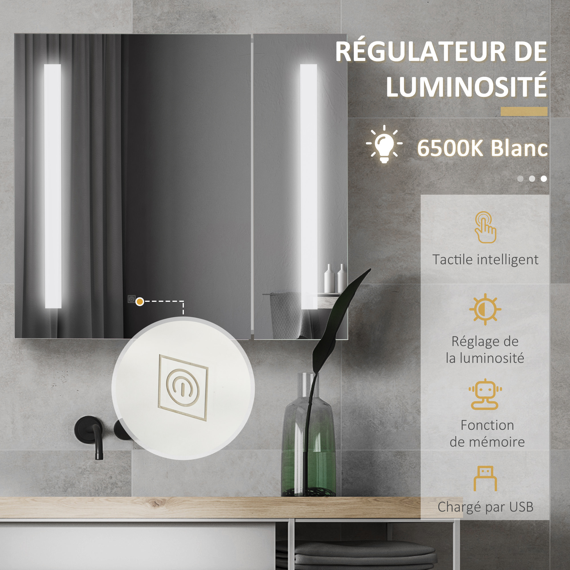 Armoire de toilette miroir lumineux LED 2 portes 3 niv. blanc