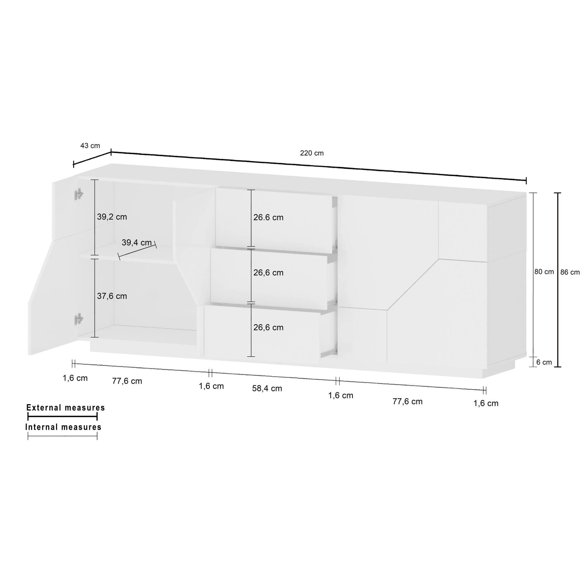 Credenza moderna a 4 ante geometriche e 3 cassetti, Made in Italy, Madia da cucina, Buffet di design da soggiorno, Cm 220x43h86, Bianco lucido e Acero