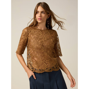 Oltre - Blusa in pizzo con maniche al gomito - Marrone