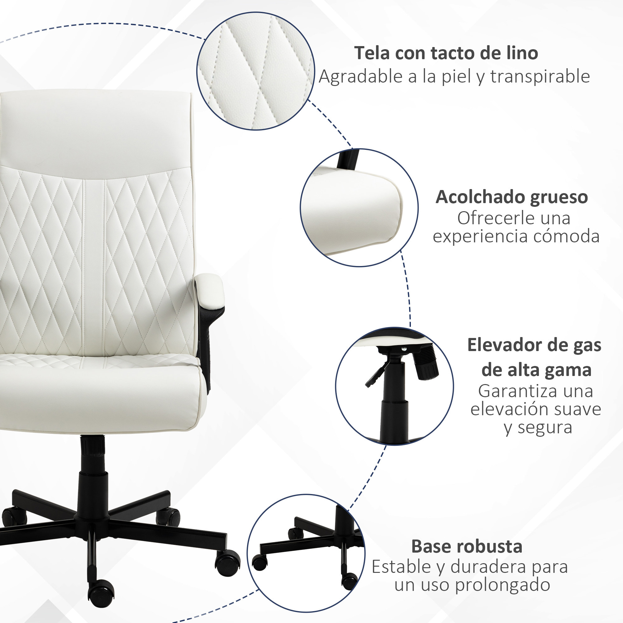 Silla de Oficina Giratoria Silla de Escritorio Basculante Tapizado en PU con Respaldo Alto y Altura Ajustable para Salón Oficina Carga 120 kg 65x72x102-112,5 cm Blanco Roto