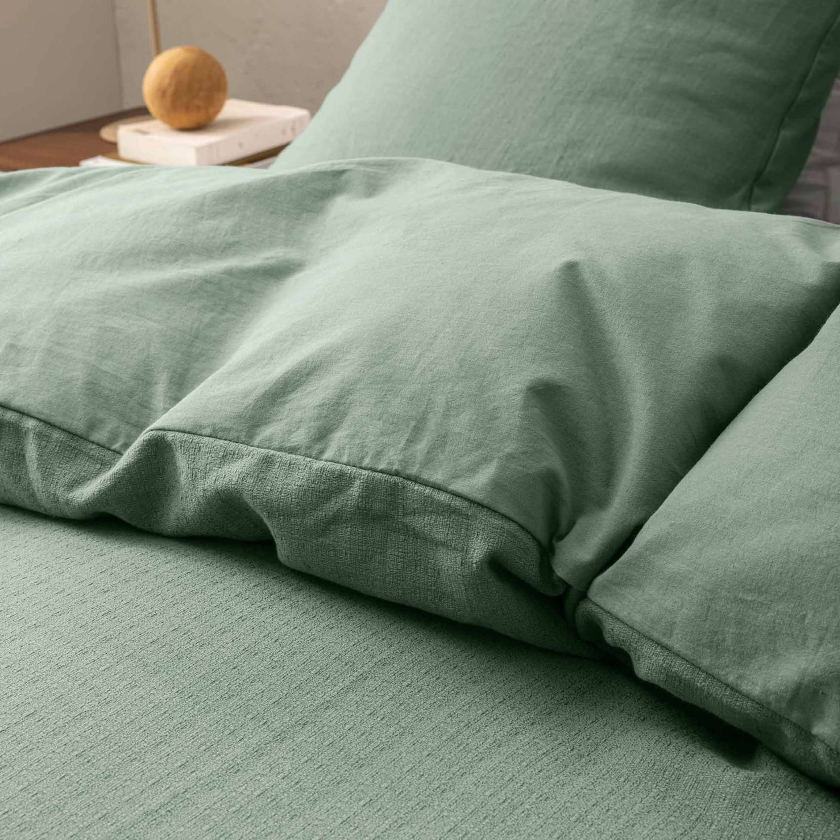 Parure de lit 3 pièces en coton tissage épais housse + taies - Vert