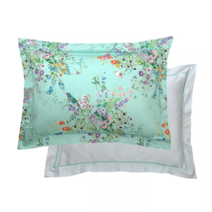 Taie d'oreiller satin de coton 115 g/m² imprimé bleu vert Le printemps azur