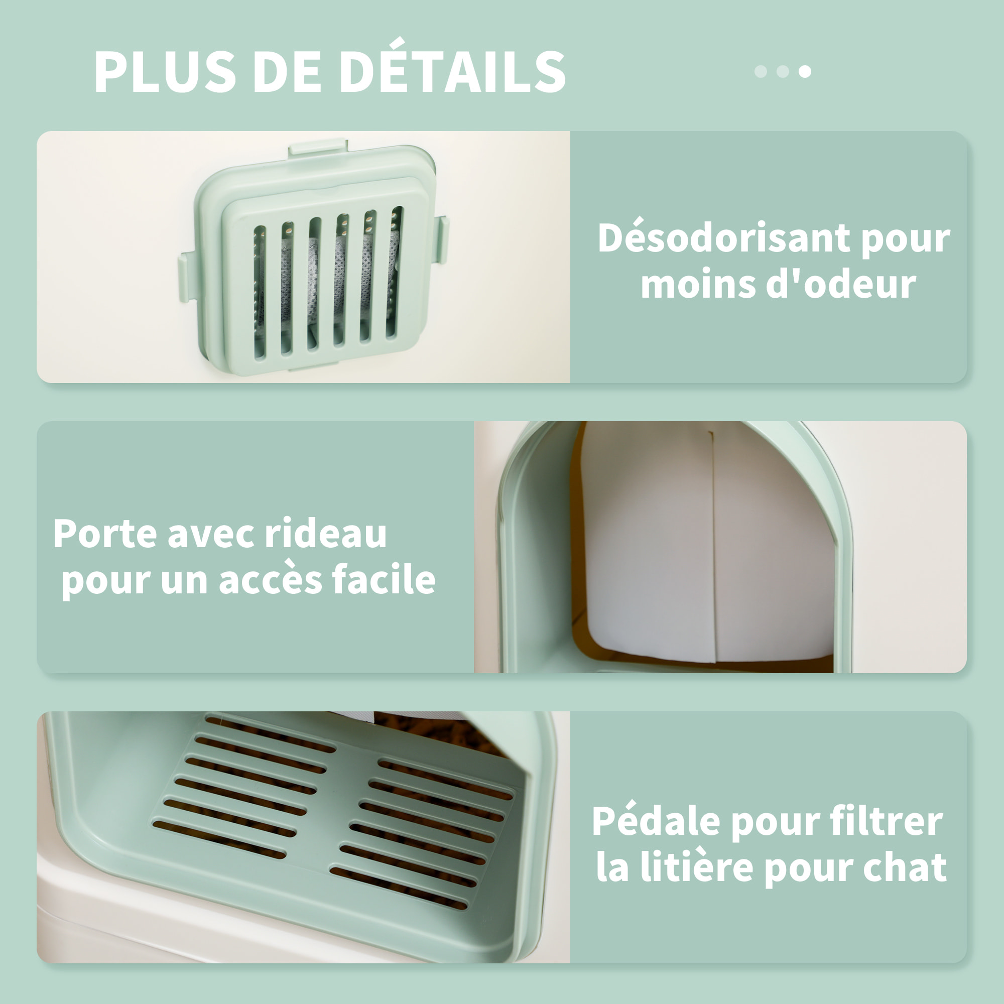 Maison de toilette chat design maisonnette - pelle, 2 désodorisants, plateau coulissant intégrés - blanc vert