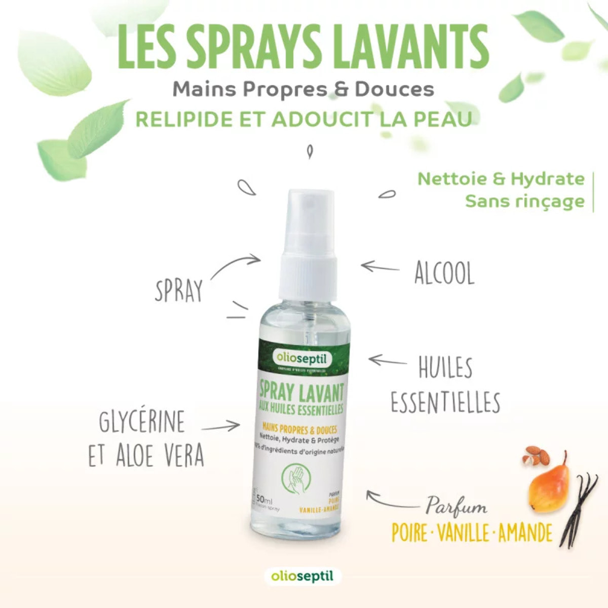 OLIOSEPTIL - Spray Lavant aux Huiles Essentielles - Mains propres & douces - 98% d'ingrédients d'origine naturelle - Nettoie, hydrate & protège - Sans rinçage - Poire Vanille-Amande - Spray 50ml