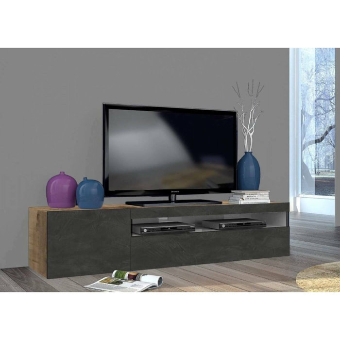 Mobile porta TV Aquilo, Credenza bassa da soggiorno, Base porta televisione, 100% Made in Italy, cm 150x40h37, Acero e Ardesia
