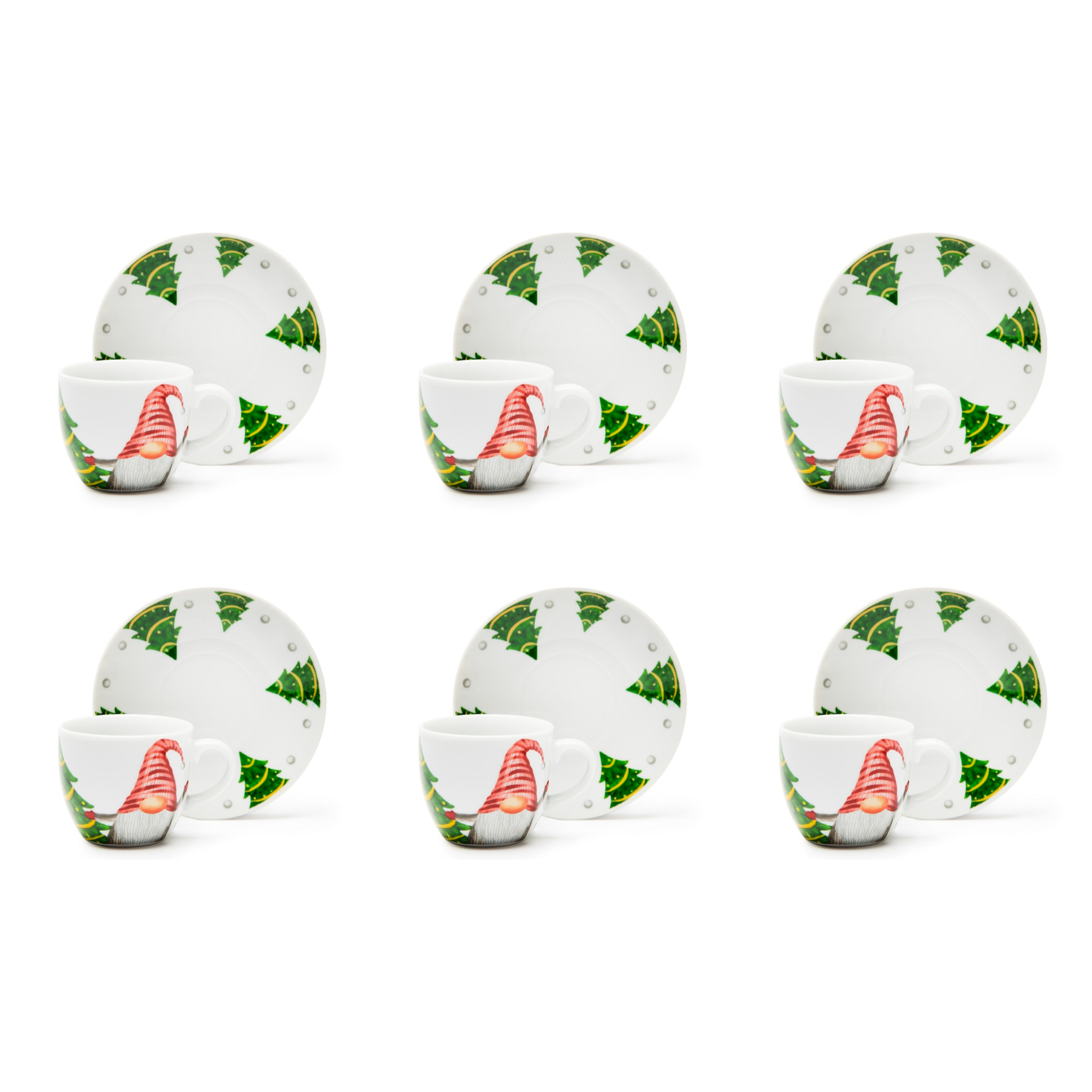 Coffret 6 tasses à café avec soucoupes Excelsa – Gnomo Friends, Porcelaine Blanche
