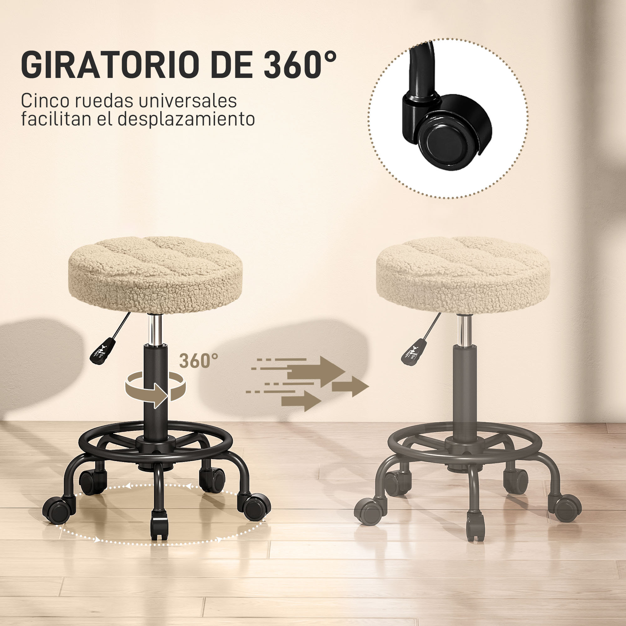 Taburete Giratorio Redondo Taburete con Ruedas Altura Regulable 50-66 cm Asiento Tapizado en Tejido de Borreguito para Salones Talleres Spa Masaje Marrón Claro