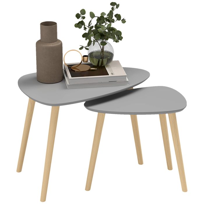 Juego de 2 Mesas Auxiliares con Patas de Madera Mesas Nido Mesas de Café para Salón Dormitorio Oficina 59,5x39,5x45 cm y 44,5x28,5x40 cm Gris y Natural