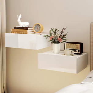 Juego de 2 Mesitas de Noche Flotantes con Cajón, Mesillas de Noche Dormitorio, Montado en la Pared, Estilo Moderno, para Sala de Estar, 40x30x15 cm, Blanco Brillo
