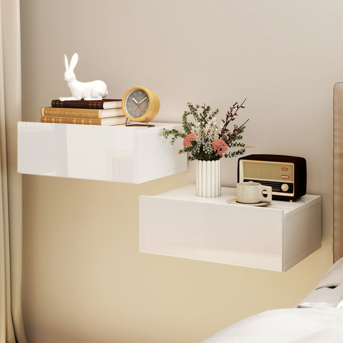 Juego de 2 Mesitas de Noche Flotantes con Cajón, Mesillas de Noche Dormitorio, Montado en la Pared, Estilo Moderno, para Sala de Estar, 40x30x15 cm, Blanco Brillo