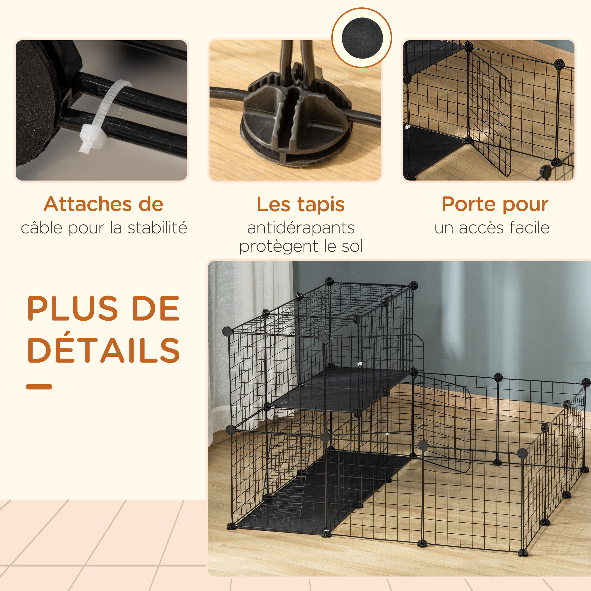 Cage parc enclos rongeurs modulable dim. L 105 x l 105 x H 70 cm 2 niveaux 2 portes rampe résine PP fil métallique noir