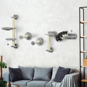 Mur d'escalade pour chat - arbre à chat design mural - griffoirs, plateformes, panier, hamac, jeux boules - gris