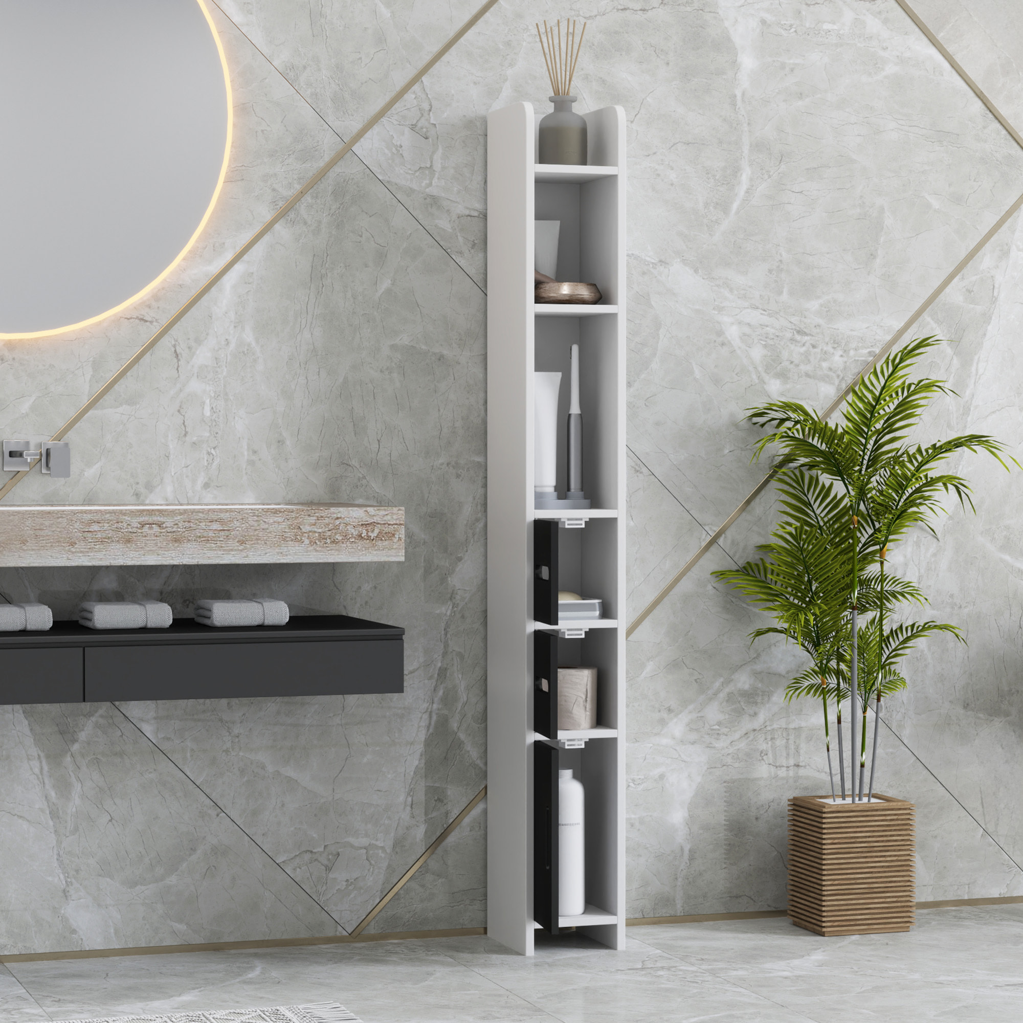 Columna de Baño Mueble de Baño con 3 Puertas 3 Estantes Abiertos y Sistema Antivuelco Armario de Baño Estilo Moderno 15x17x120 cm Blanco y Negro
