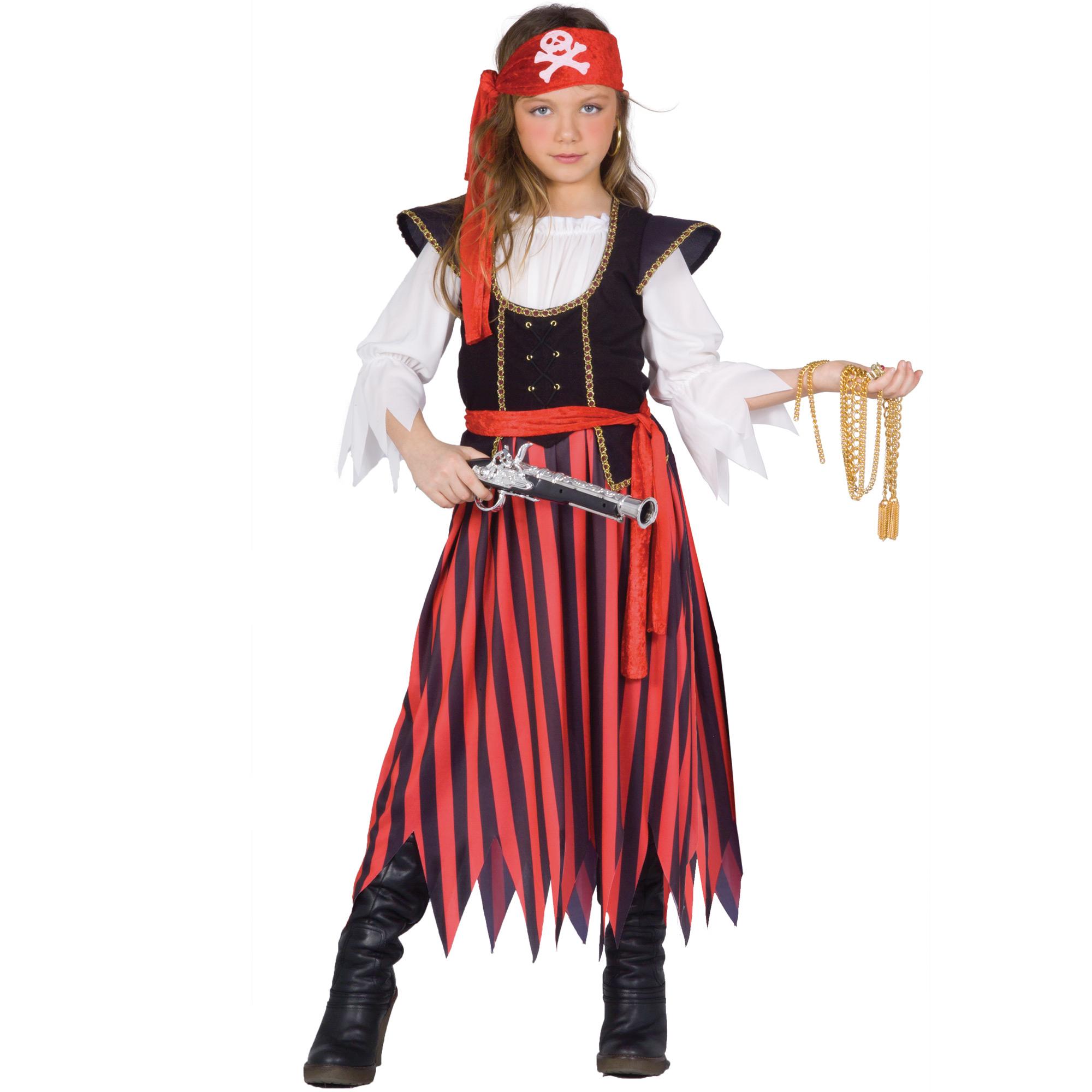 Travestimento Costume Carnevale Piratessa Rosso Nero Bianco Bambina