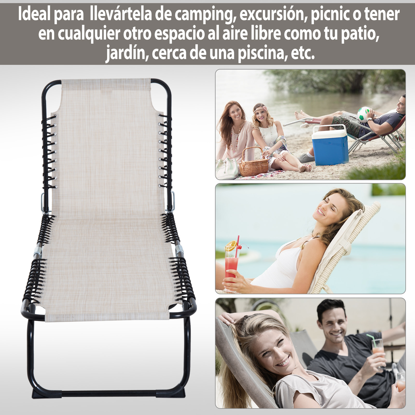 Tumbona Plegable, Tumbona Jardín Exterior Reclinable 4 Posiciones con Reposacabezas y Marco de Acero, Carga 120 kg, para Terraza, Piscina, Playa, 189x58x30 cm, Crema