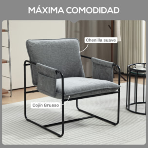 Butaca de Salón Sillón de Salón con Reposabrazos Bolsillos Laterales y Marco de Acero Butaca para Dormitorio Sala de Estar Carga 120 kg Gris