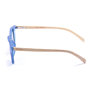 Gafas de sol OCEAN LIZARD WOOD - De brazo marrón bambú con montura azul transparente mate y / Revo azul