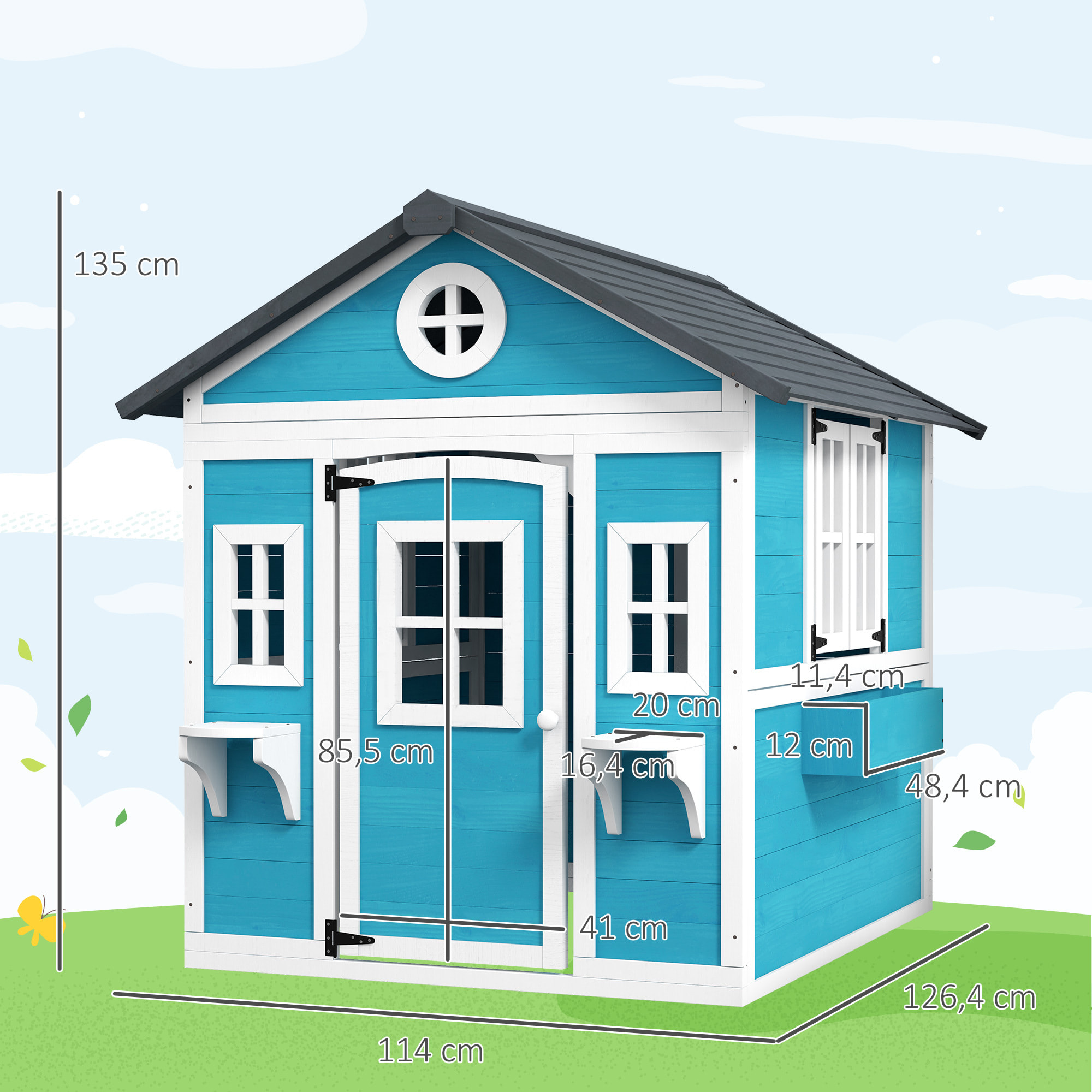 Casa de Jardín Infantil Casa de Madera para Niños con Puerta Ventanas Jardineras y Soportes de Flores 114x126,4x135 cm Azul