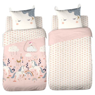 Parure de lit enfant licorne avec poche pour doudou - Rose