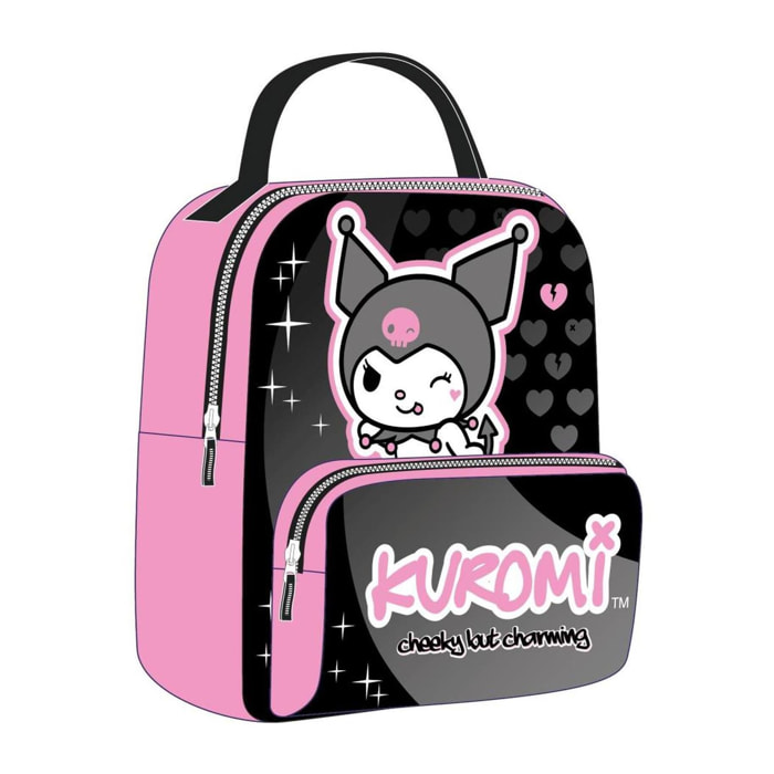 Mochila infantil tiempo libre hello kitty kuromi en color rosa y negro con 2 compartimentos 19x23x8cm