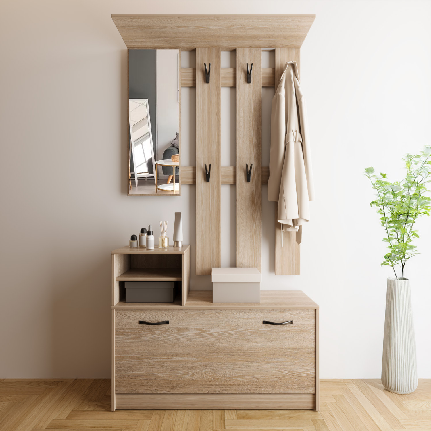 Set Di Mobili Da Ingresso Mobile Corridoio Specchio Scarpiera 6 Ganci Appendiabiti Guardaroba Arredo Arredamento Corridoio 160 x 85 x 24 Cm Rovere