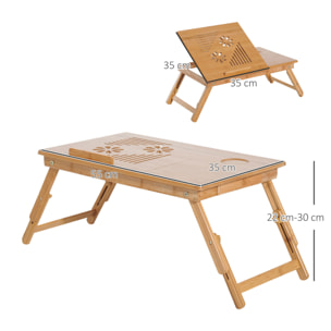 Table de lit pour ordinateur pliable réglable tiroir évents cale porte-gobelet bambou verni