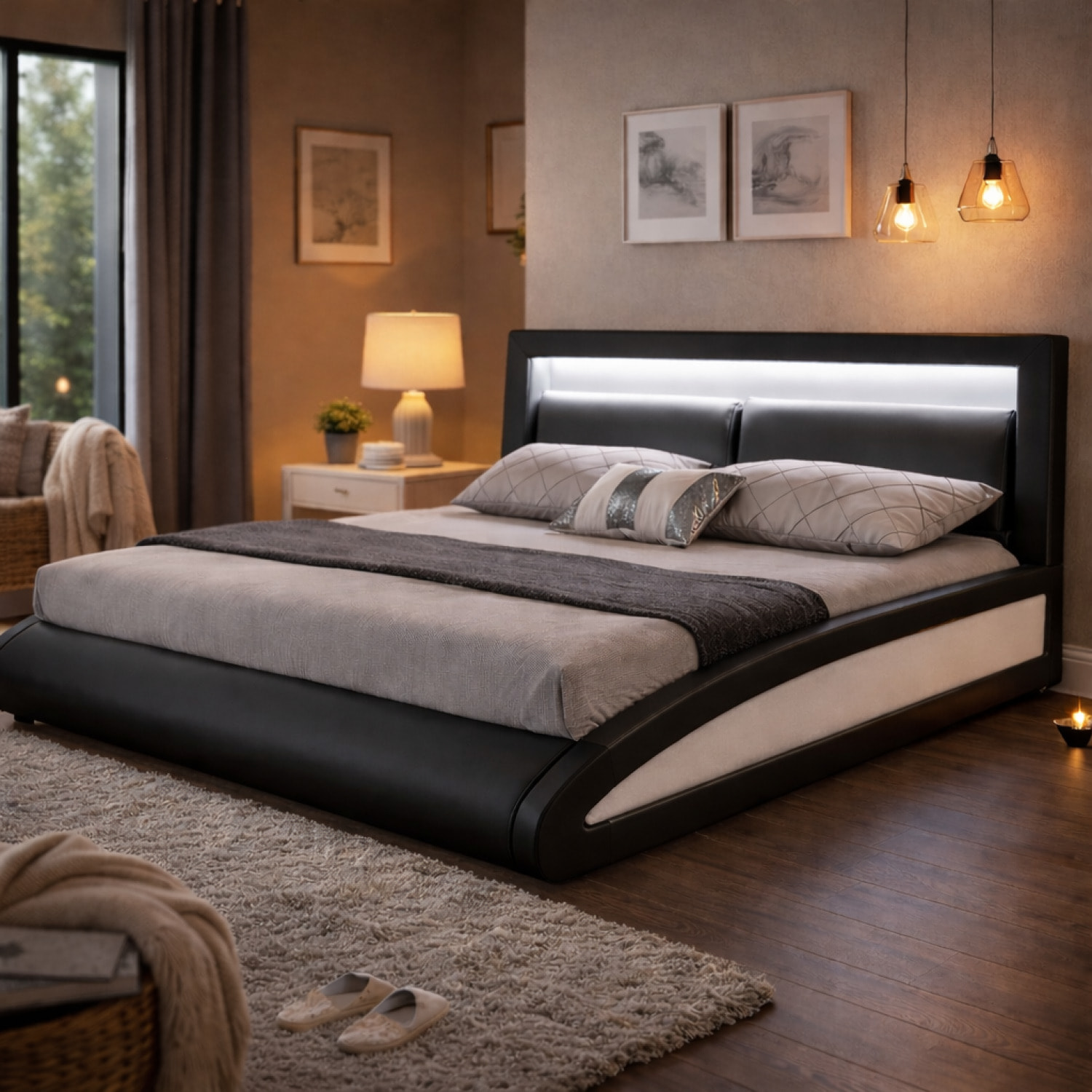 Cadre de lit avec LED 140 x 190 cm en PU noir TITA