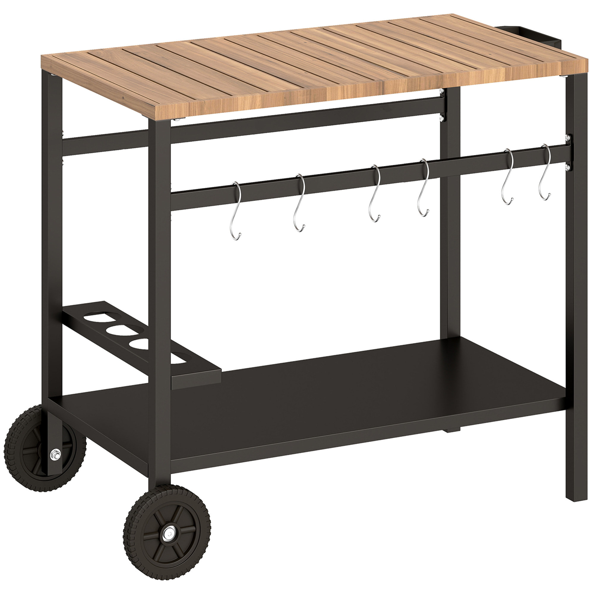 Desserte de jardin métal bois étagère range épices 6 crochets ustensiles plateau poignée