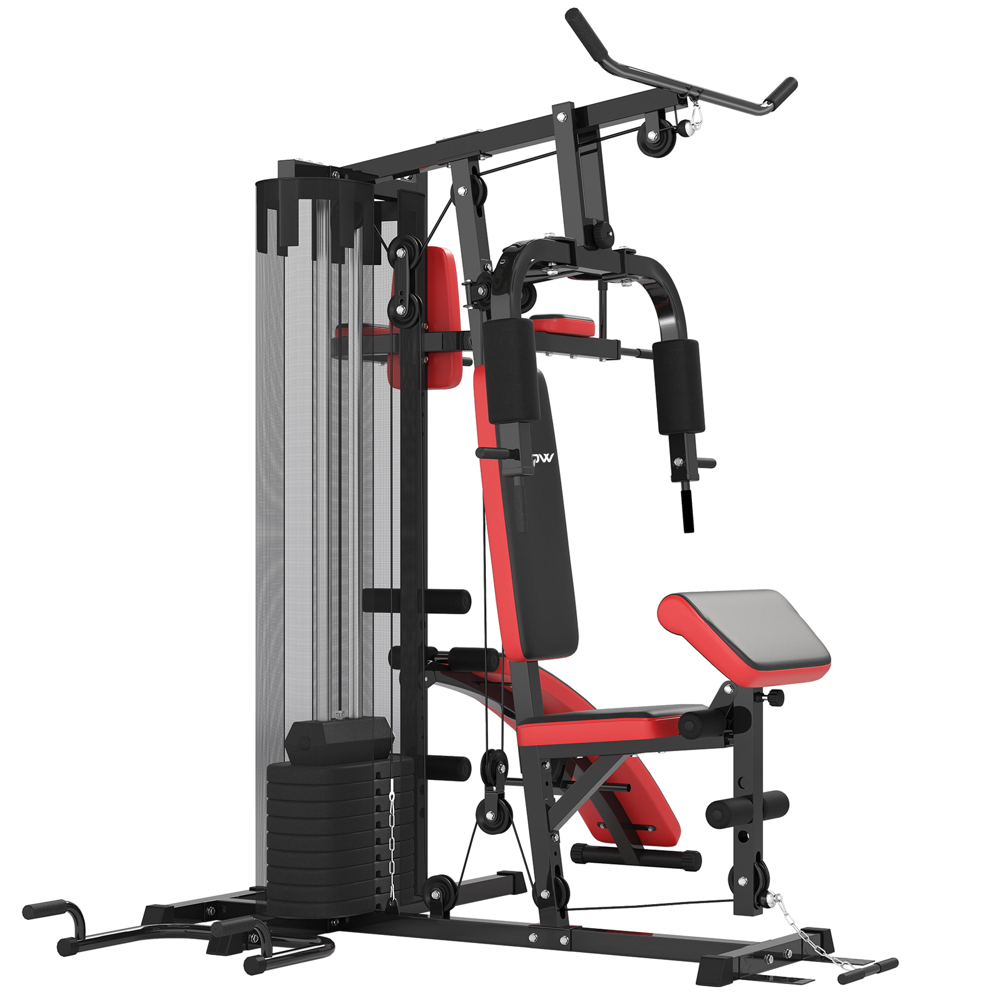 Station de musculation - banc, développé couché, butterfly, barre latissimus et traction, curler, bande résistance, 10 contrepoids - rouge
