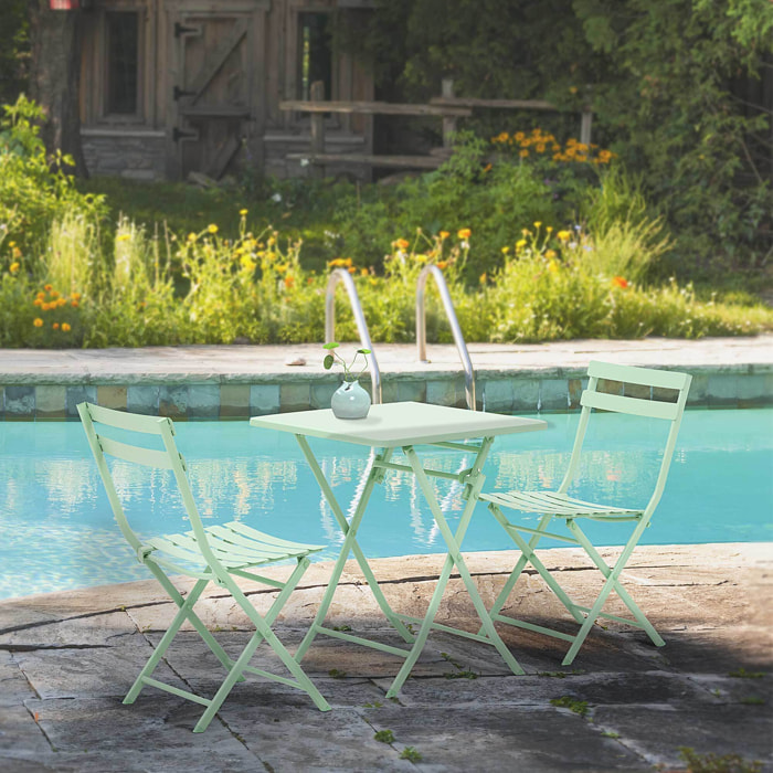 Salon de jardin bistro pliable - table carrée dim. 60L x 60l x 71H cm avec 2 chaises - métal thermolaqué vert d'eau