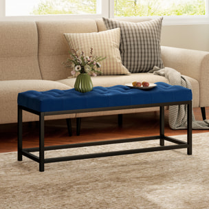 Banco Pie de Cama, Tapizado en Terciopelo, Banqueta para Dormitorio, Diseño Capitoné, Base de Metal, Banco para Dormitorio, Entrada, Salón, Recibidor, Azul Oscuro