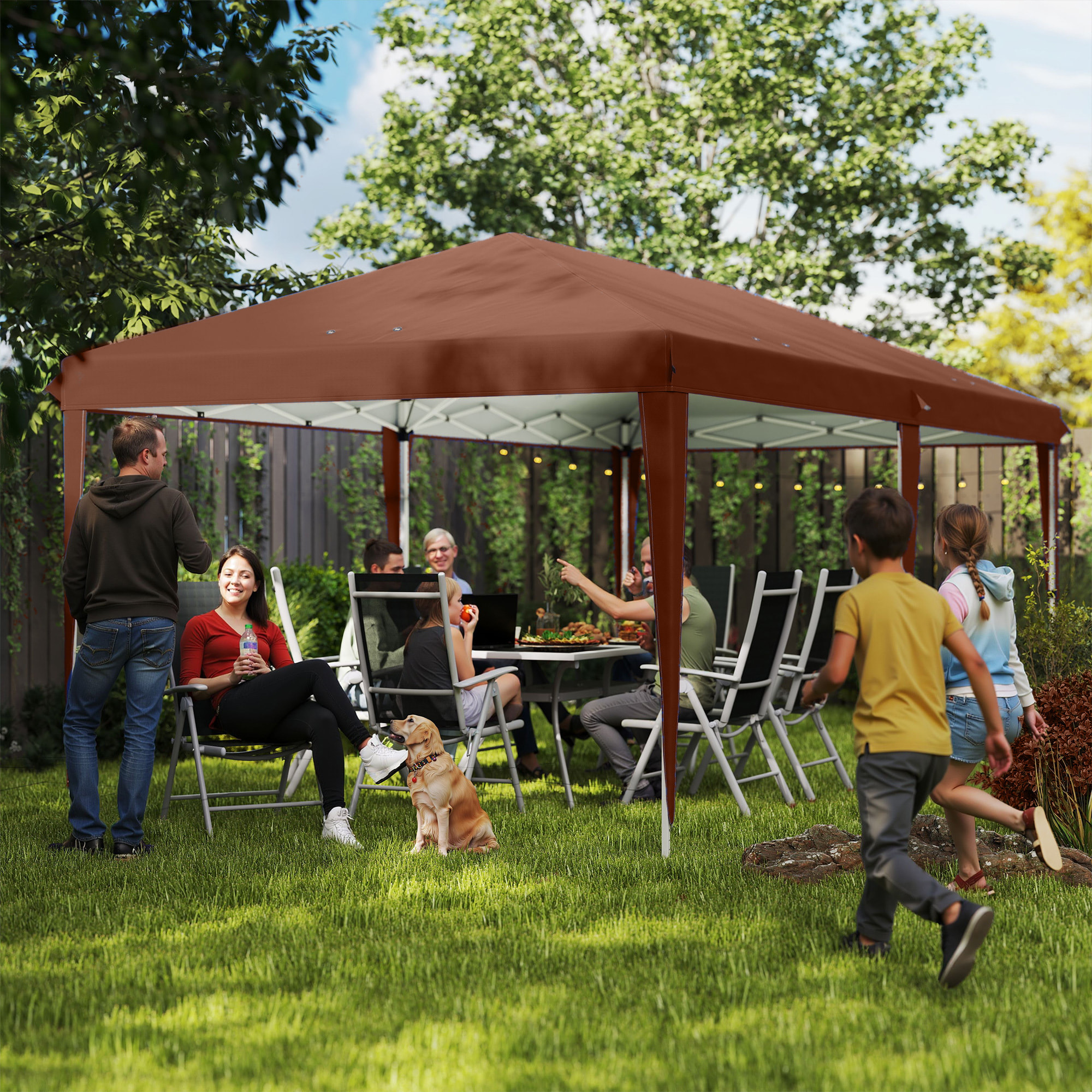 Carpa Plegable Gazebo 6x3 m Pop-up, Cenador Plegable con Altura Ajustable en 3 Niveles Toldo Anti-UV y Bolsa de Transporte para Camping Fiestas Café