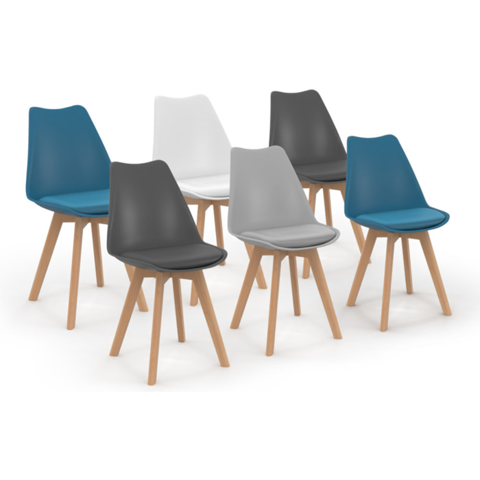 Chaises Nordia mix couleurs (blanc, gris et bleu canard) - lot de 6