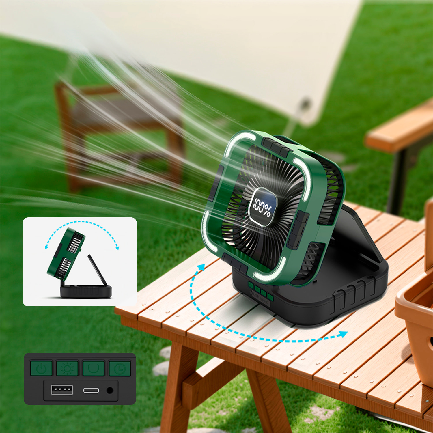 Ventilatore a 6 velocità con pannello solare da 3W, oscillazione, display LCD, 24 luci LED bicolore con 80lm, timer e power bank da 10000mAh.