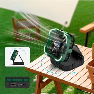 Ventilatore a 6 velocità con pannello solare da 3W, oscillazione, display LCD, 24 luci LED bicolore con 80lm, timer e power bank da 10000mAh.