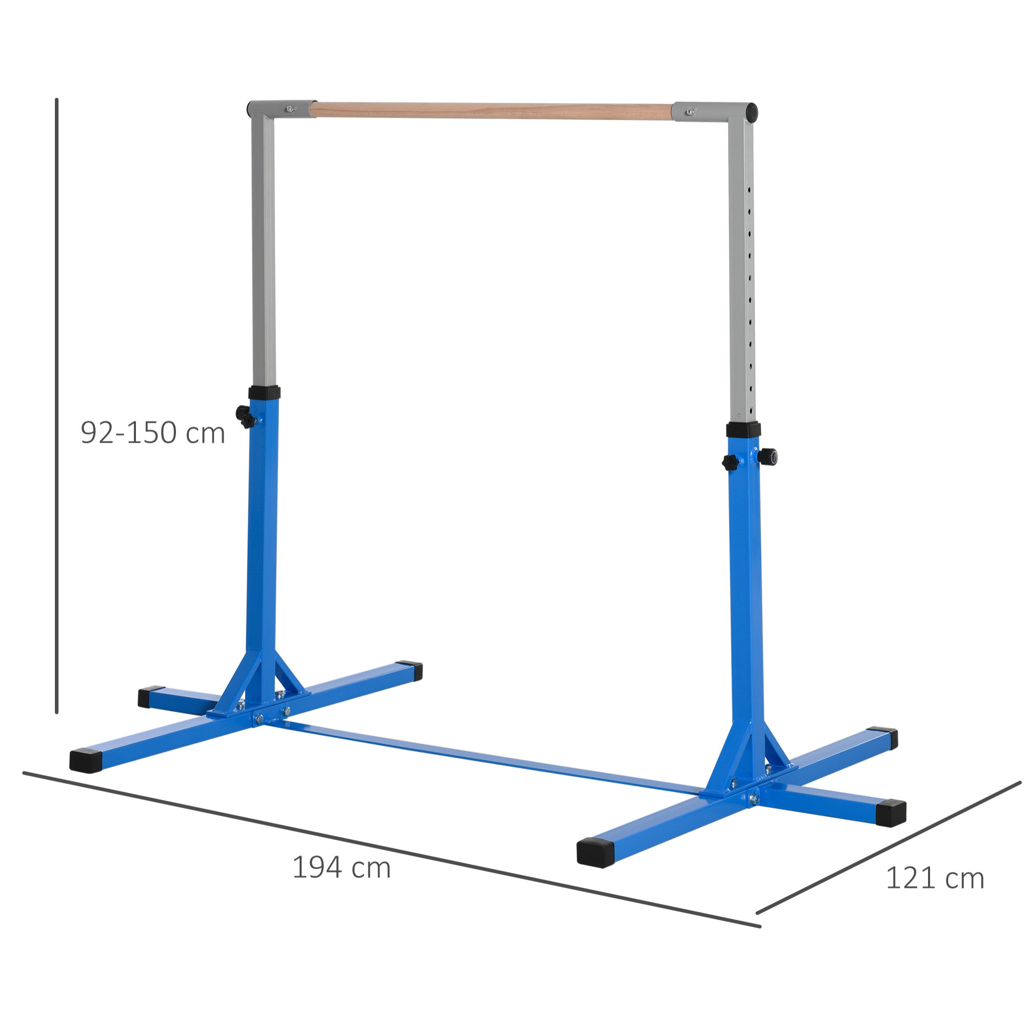 Barre fixe de gymnastique enfant - barre de gymnastique hauteur réglable 13 niveaux 92 à 150 cm - acier bleu bois massif hêtre