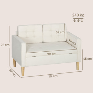 Sofá de 2 Plazas con Espacio de Almacenamiento, Sofá Moderno de Terciopelo con Patas de Madera, Respaldo Capitoné, para Salón, Dormitorio, Oficina, 117x62x78 cm, Crema