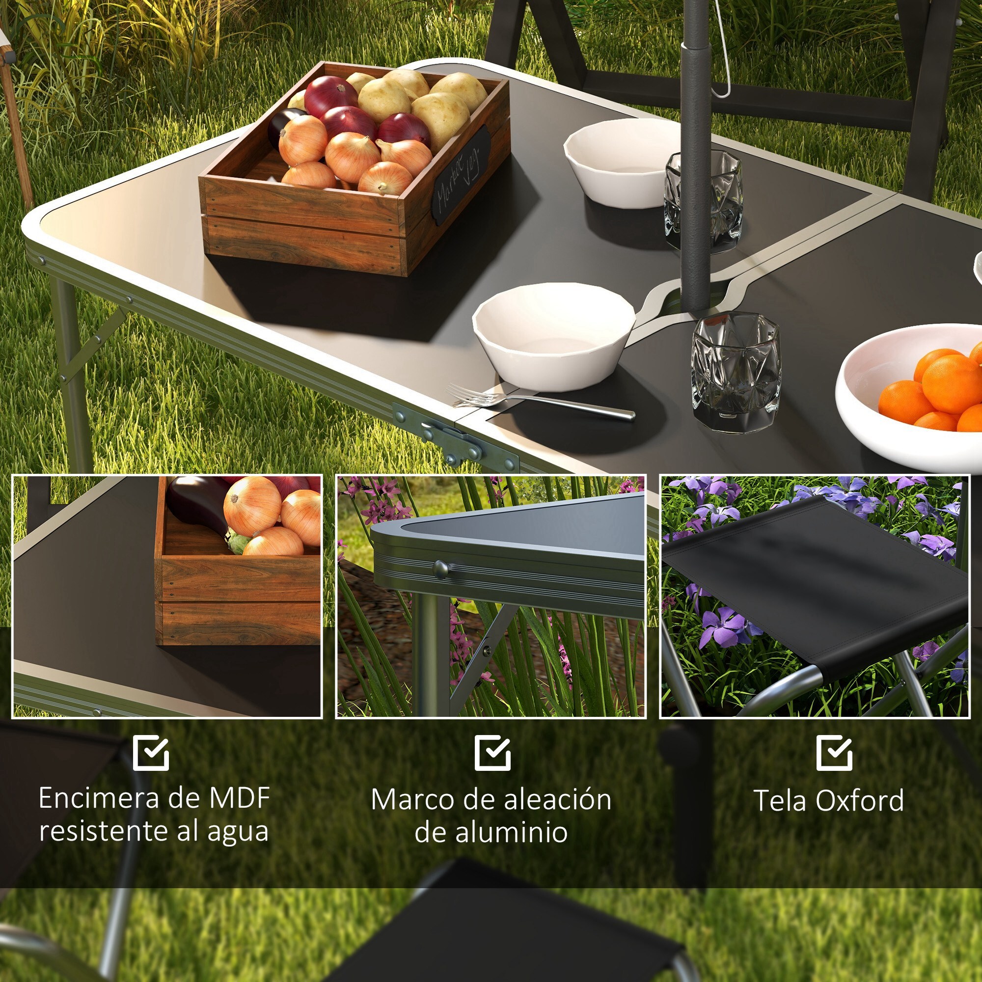 Conjunto de Camping de 5 Piezas Mesa para Camping Plegable con Sillas Incluye 1 Mesa Ajuatsble en Altura con Encimera MDF Orificio para Sombrilla 120x60x55-70 cm y 4 Taburetes Plegables Negro