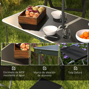 Conjunto de Camping de 5 Piezas Mesa para Camping Plegable con Sillas Incluye 1 Mesa Ajuatsble en Altura con Encimera MDF Orificio para Sombrilla 120x60x55-70 cm y 4 Taburetes Plegables Negro