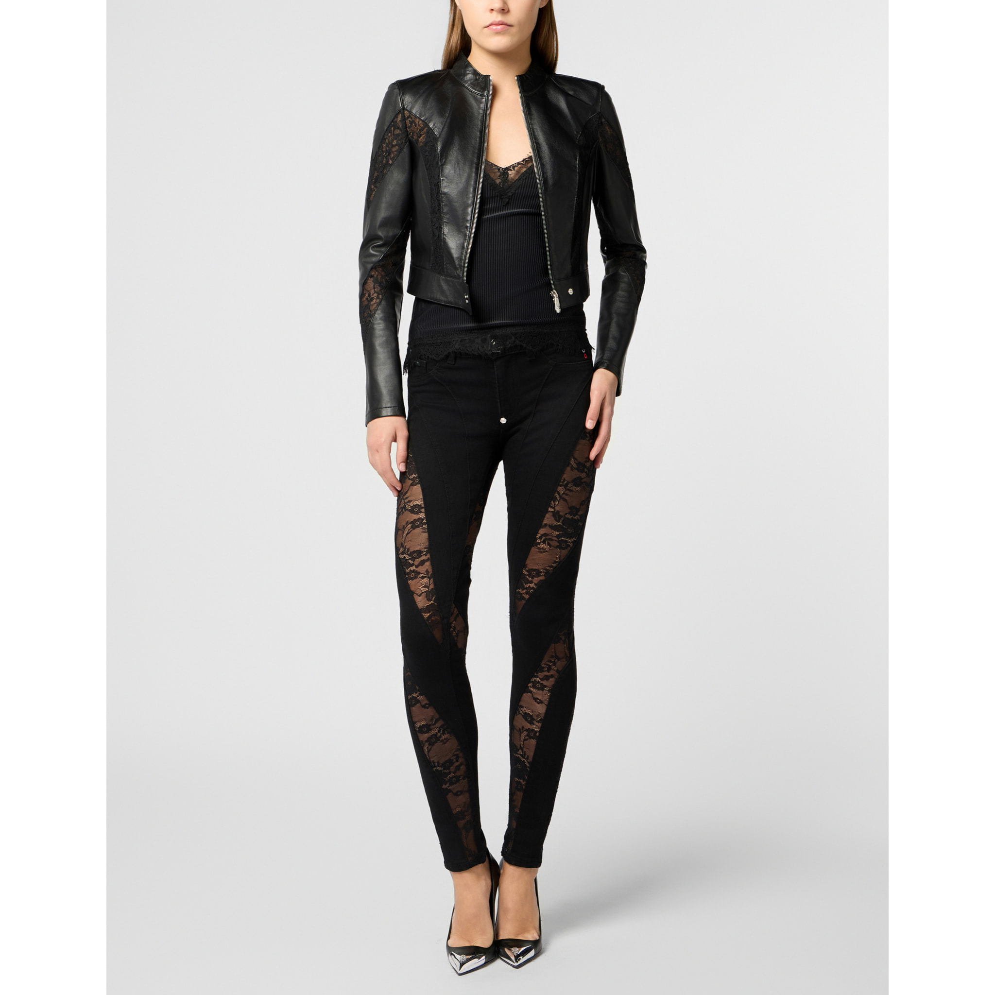 PHILIPP PLEIN Fitted Biker Jacket with Lace Inserts