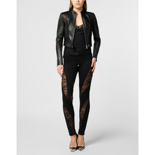 PHILIPP PLEIN Fitted Biker Jacket with Lace Inserts