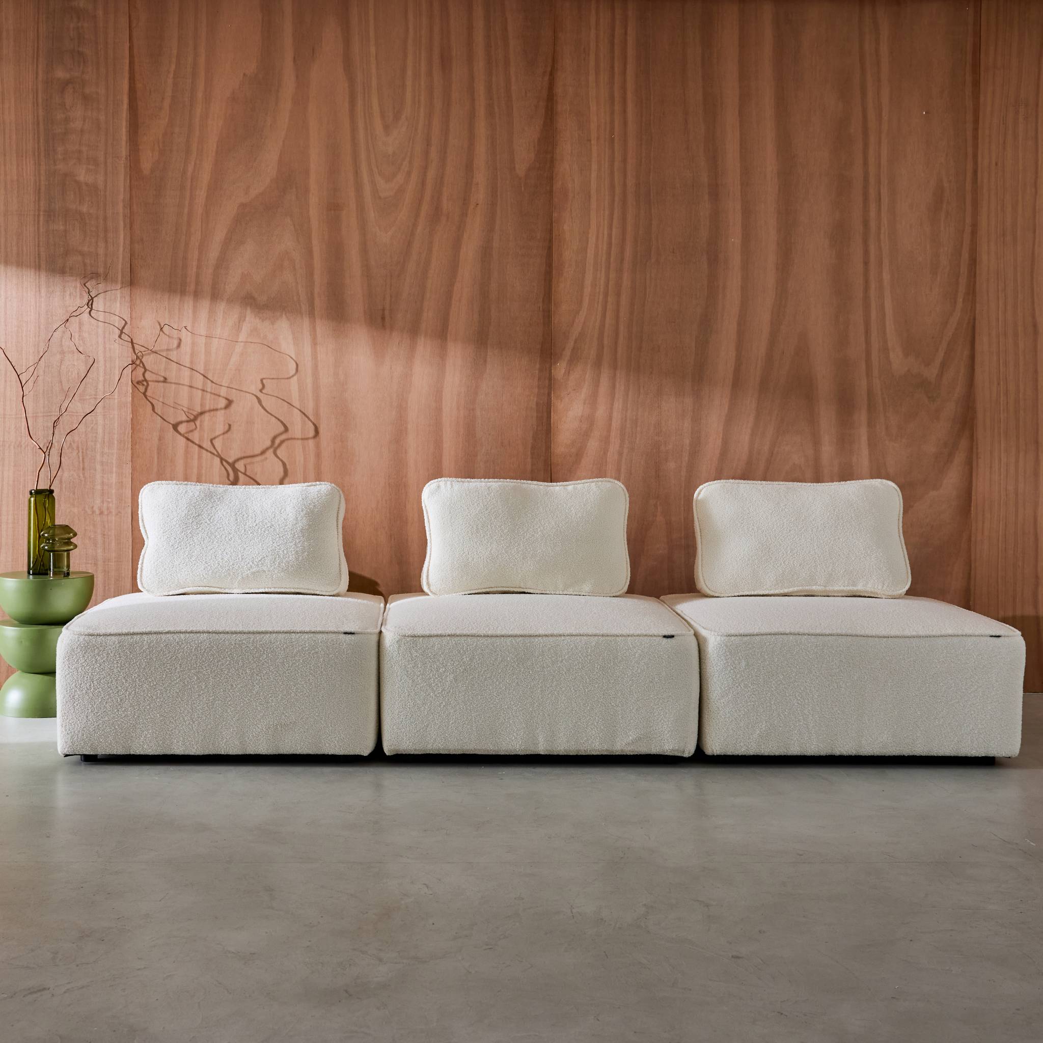 Lot de 3 chauffeuses pour canapé modulable tissu bouclette crème 1 place Bao. L 90 x P 90 x H 74cm