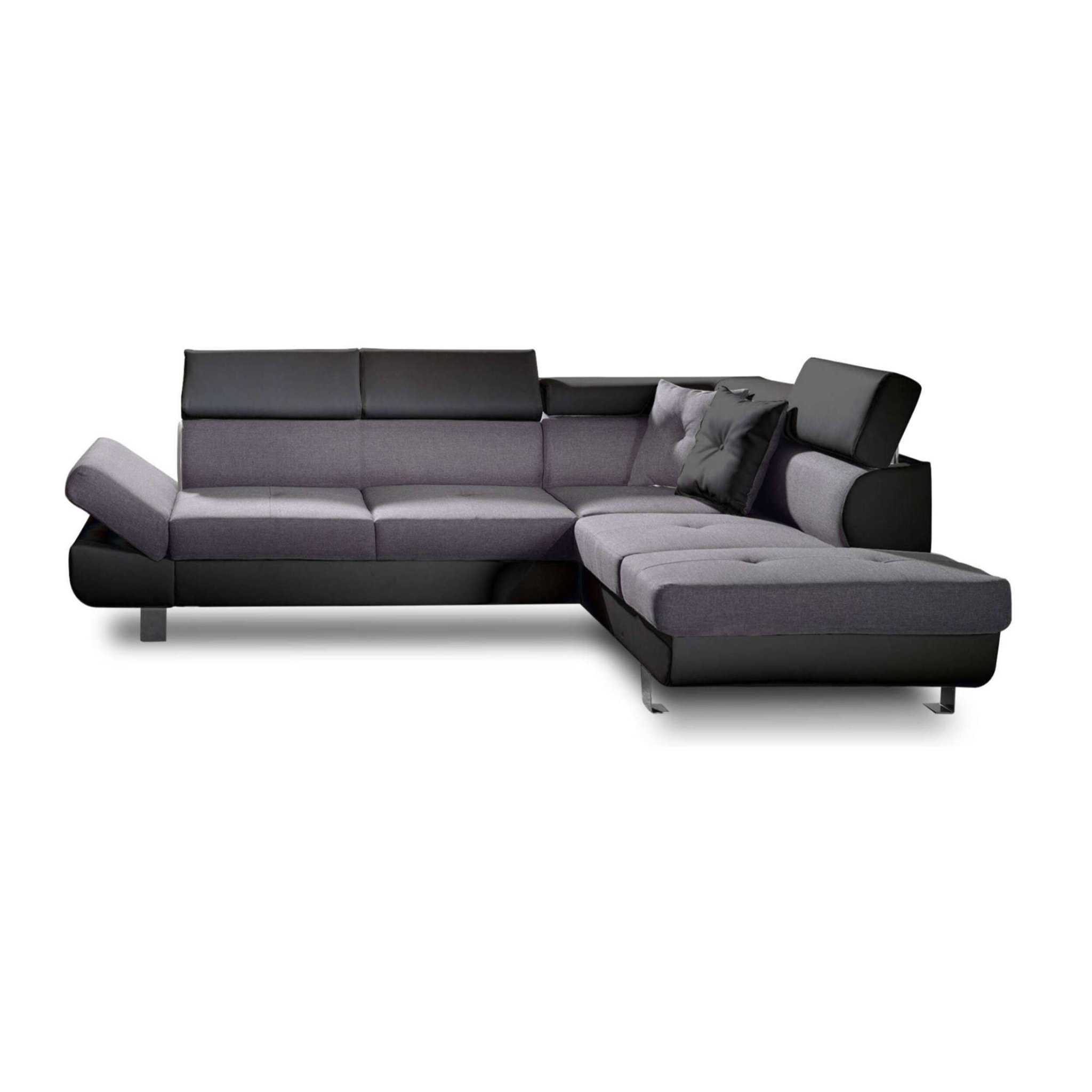 Lisbona - Canapé d'angle droit convertible - 5 places - avec têtières - Noir / Gris