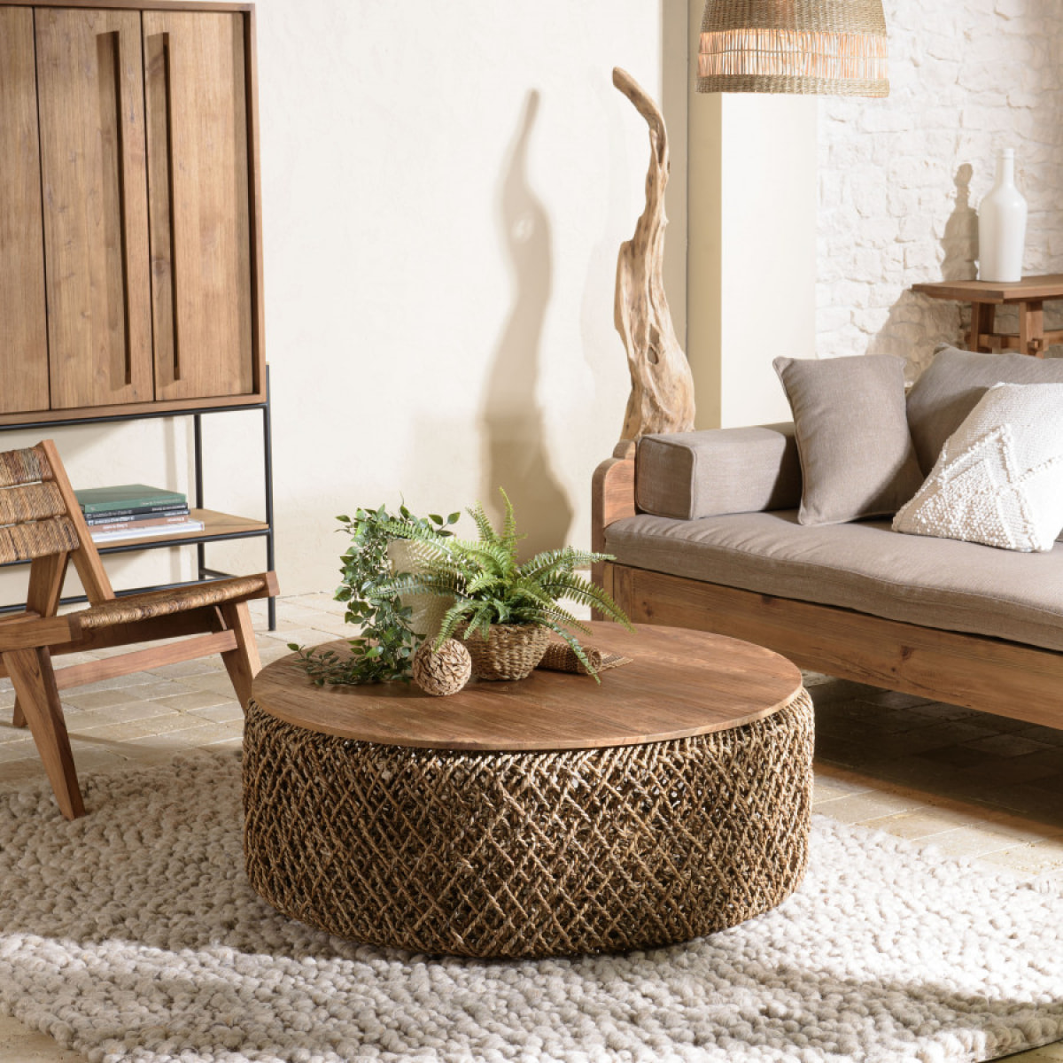 ALIDA - Table basse ronde 100x100cm en tissage de fibre de cocotier