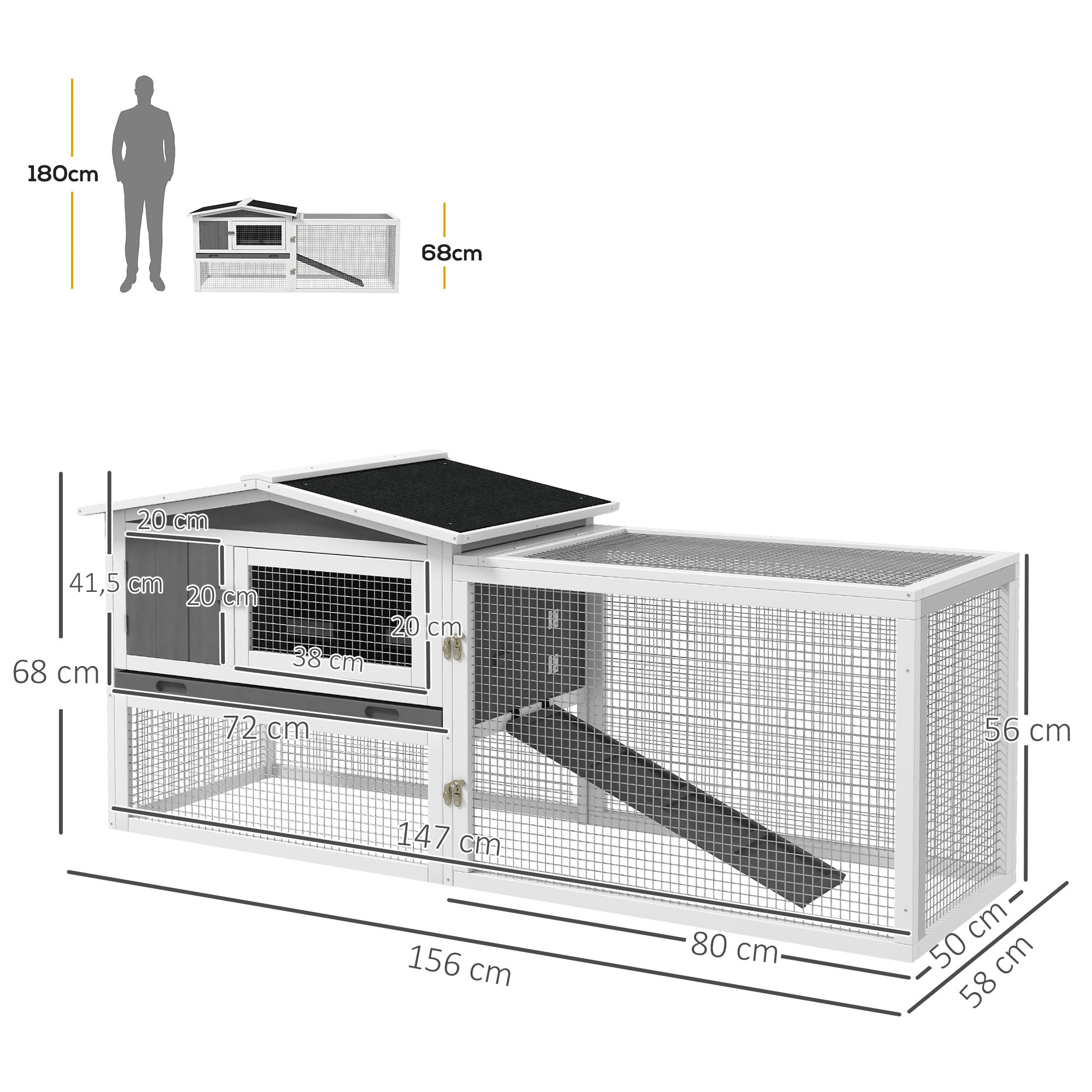 Clapier cage à lapins rongeurs 2 étages tiroir déjection enclos extérieur toit ouvrant bois sapin blanc gris