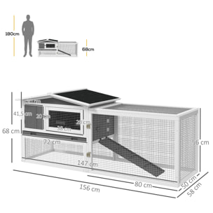 Clapier cage à lapins rongeurs 2 étages tiroir déjection enclos extérieur toit ouvrant bois sapin blanc gris